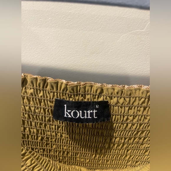 Kourt Calypso Women Tan Smocked Geometric Puff Sheer Sleeve Dress Size Medium - Picture 3 of 8